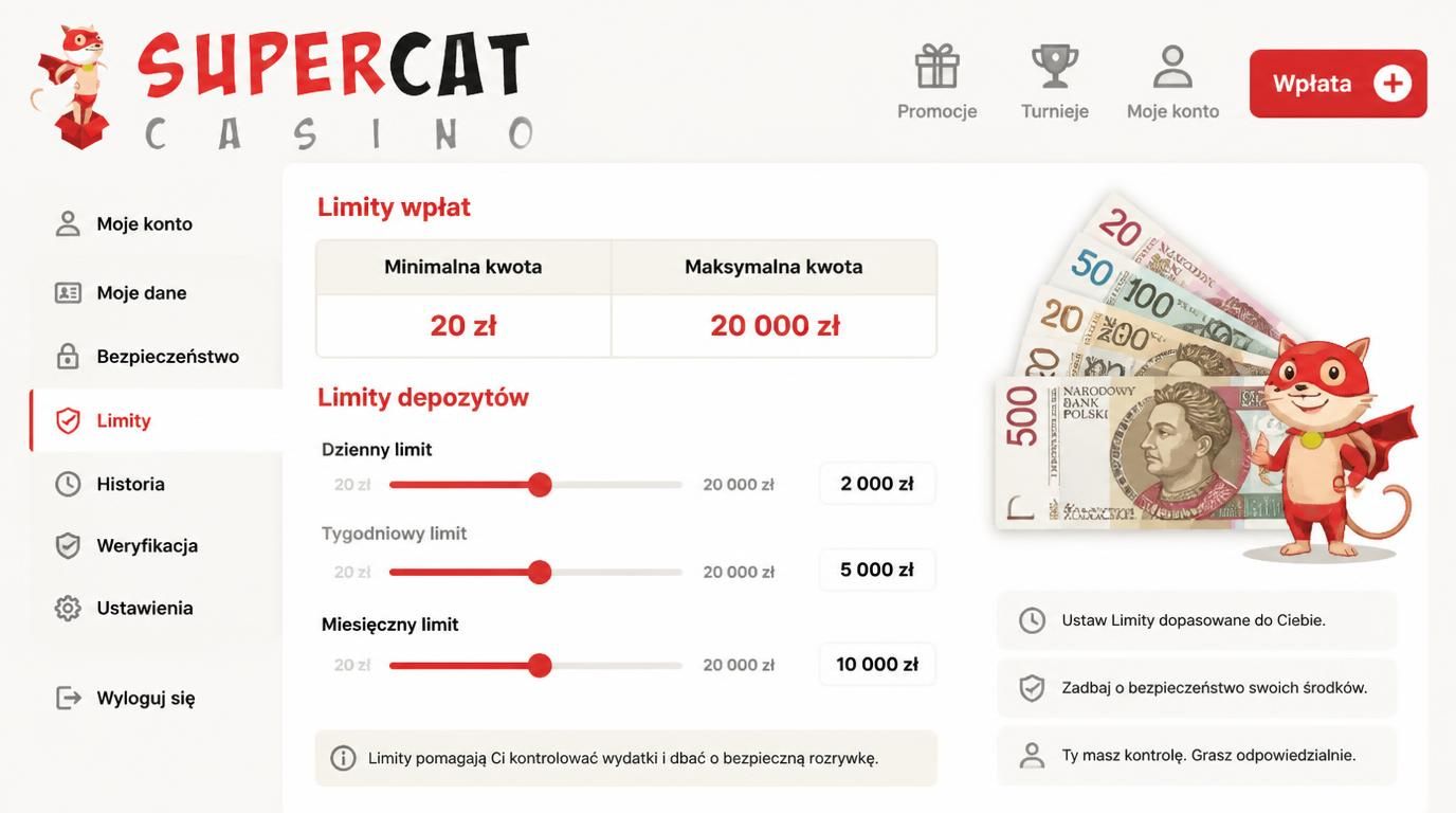 Widok limitów wpłat i kontrole kwot w PLN