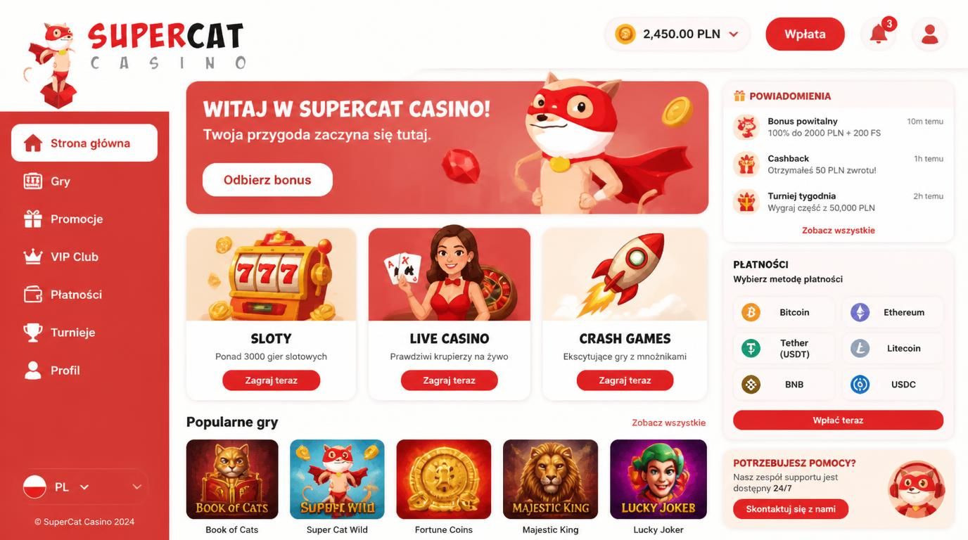 Aplikacja SuperCat prezentująca gry, bonusy i płatności krypto