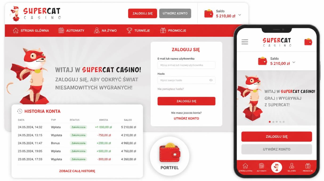 Ekran pokazujący ten sam portfel i historię konta na desktopie i telefonie