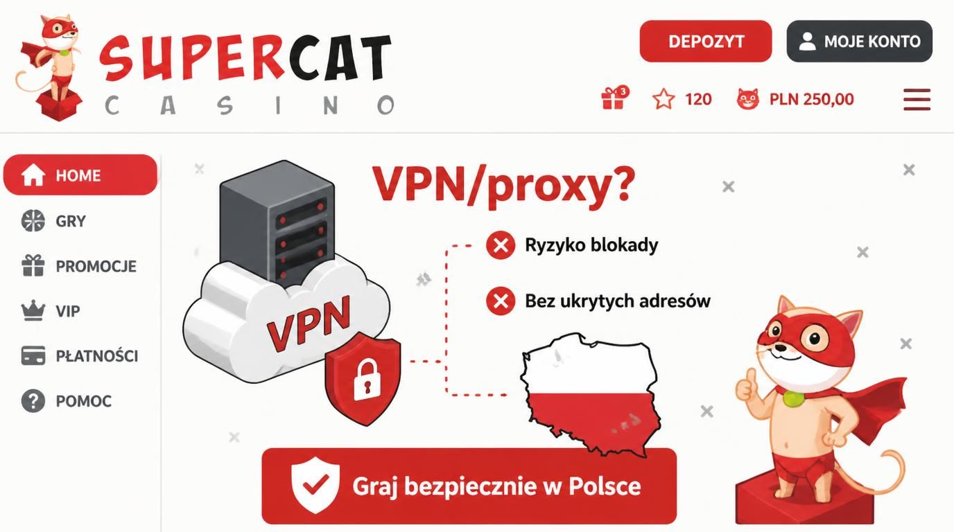 Ilustracja VPN/proxy z mapą, ostrzeżenie przed ryzykiem blokady konta.