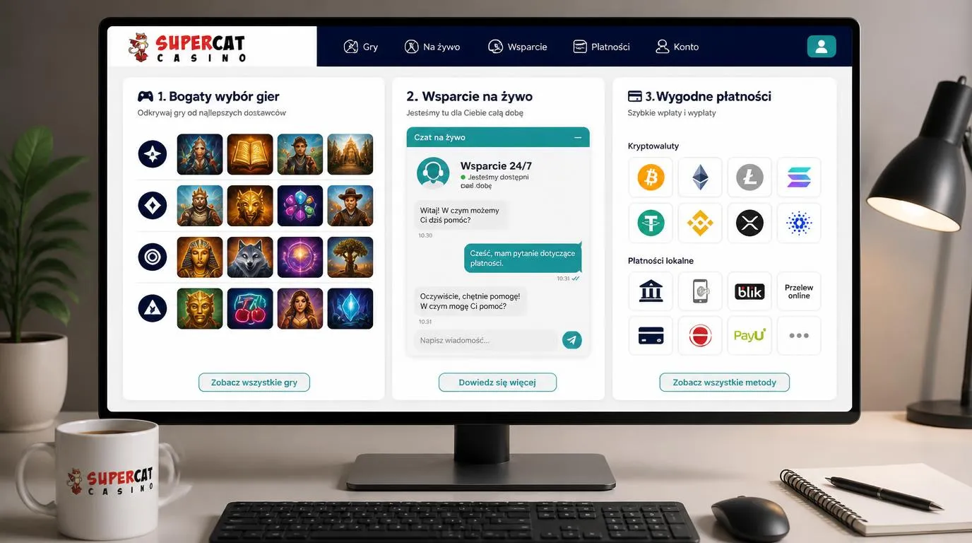 Trzy panele platformy kasynowej przedstawiające dostawców gier, czat całodobowy oraz płatności lokalne i kryptowalutowe