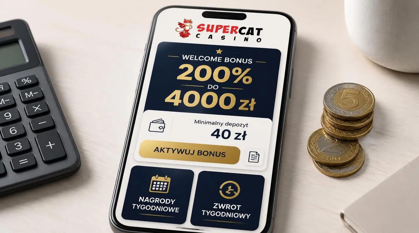 Panel oferty powitalnej 200% do 4000 zł z minimalnym depozytem 40 zł i osobnymi kartami nagród tygodniowych
