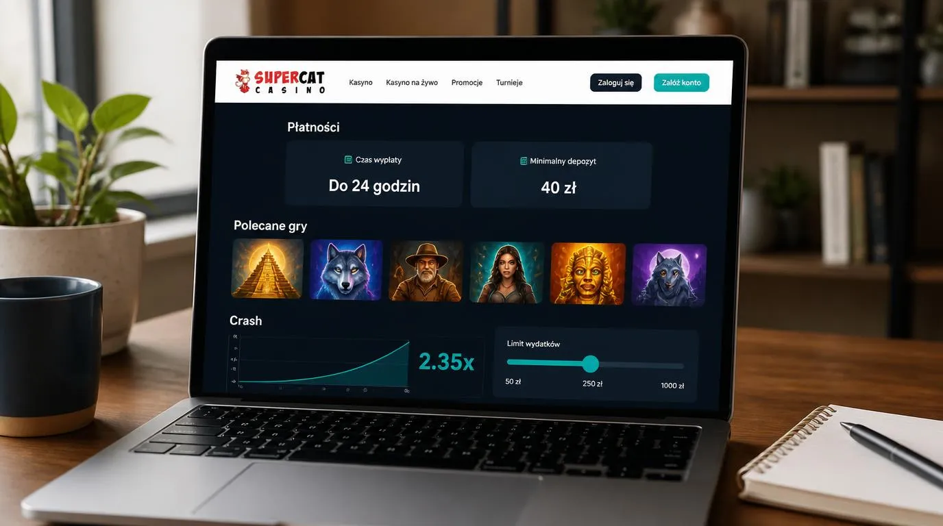Panel kasyna z terminem wypłaty do 24 godzin, depozytem 40 zł i miniaturami gier na ekranie laptopa