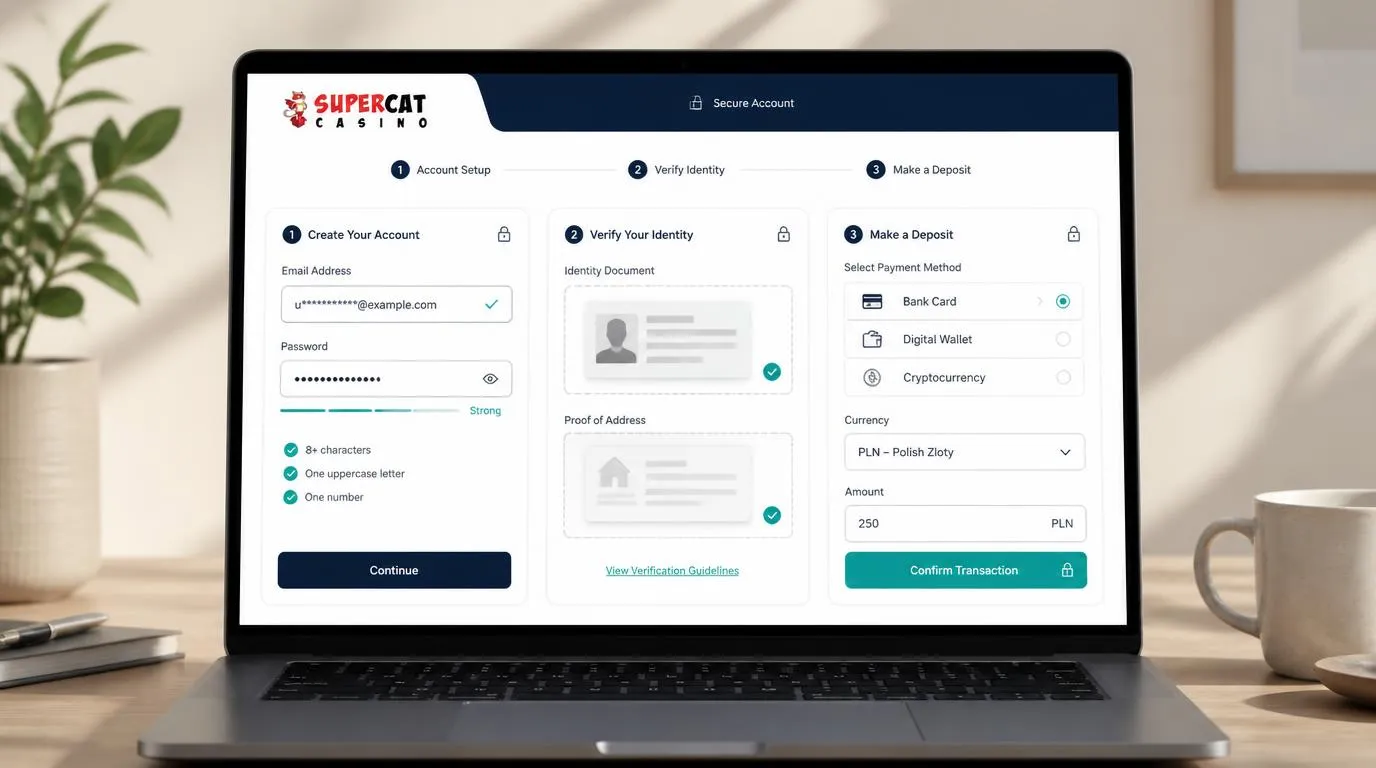 Panel rejestracji, przesyłania dokumentów KYC i wyboru metody wpłaty na konto